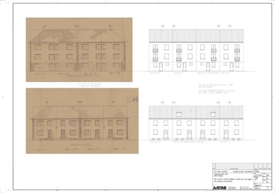 Fasadetegning som viser fronten på flere hus (nr. 10, 11, 12, 13) med både historiske tegninger og nye tegninger for sammenligning.