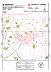 Situasjonskart som viser eiendomsareal, naboeiendommer og topografi for et tiltak i Fredrikstad kommune.