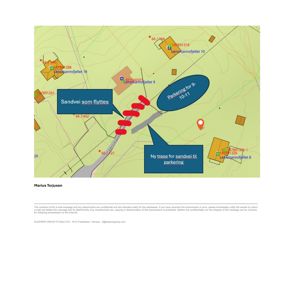 Situasjonsplan som viser tomt, eksisterende bygninger (Løvenskjoldfjellet), ny vei-trase og parkeringsplass.