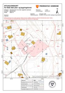 Situasjonskart for tiltak etter plan- og bygningsloven i Fredrikstad kommune, som viser eiendomsgrenser, naboeiendommer og topografi.