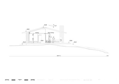 Snittegning (SNITT C) som viser bygningens tverrsnitt, høyder, takhelling og innvendig oppdeling.