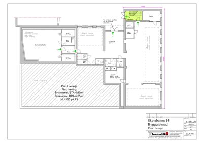 Etasjeplan (Plan U-etasje) som viser romfordeling, arealer og inngangssone for en bygning.