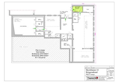 Etasjeplan (Plan U-etasje) som viser romfordeling, arealer og inngangssone for en bygning.