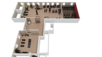 3D-visualisering av etasjeplan for en idrettshall eller treningsstudio med plasserte treningsutstyr.