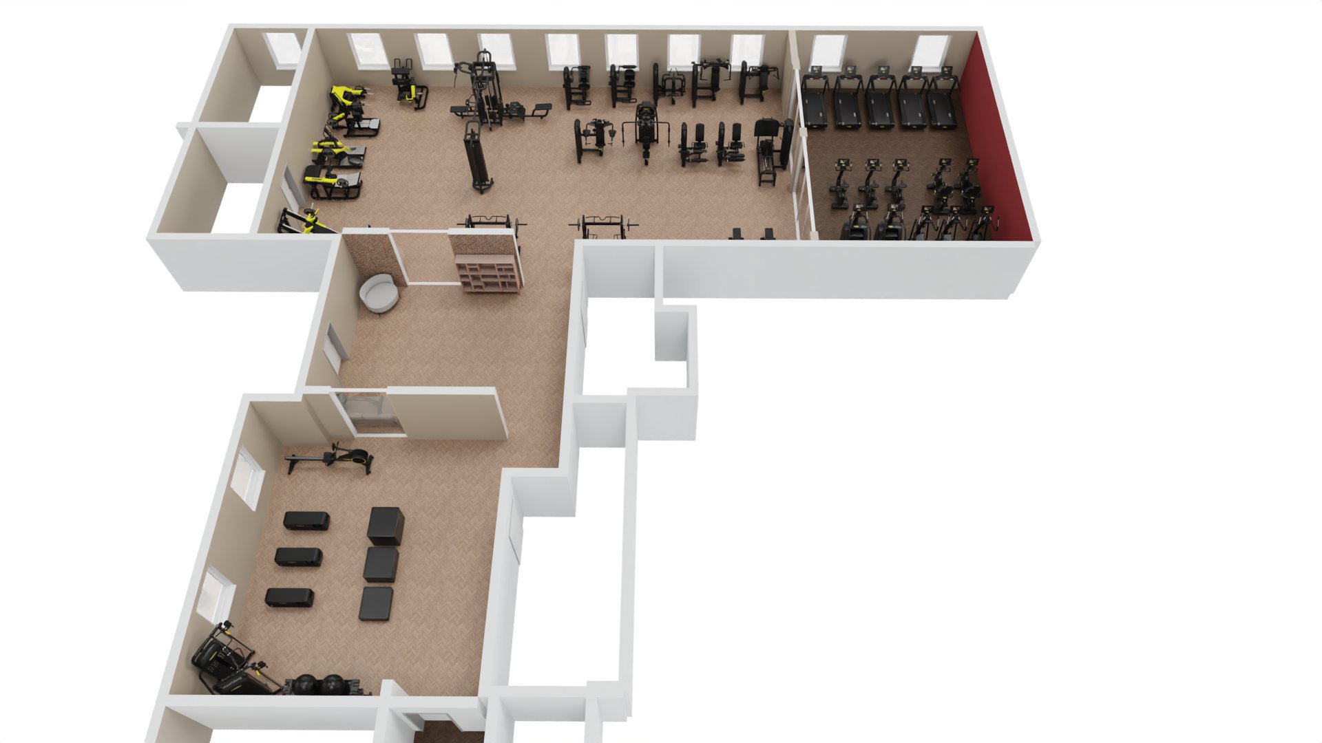 3D-visualisering av etasjeplan for en idrettshall eller treningsstudio med plasserte treningsutstyr.