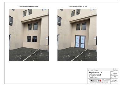 Fotografier av fasaden på en bygning (Skytebanen 14) sett fra nord. Bildene viser eksisterende tilstand og en planlagt endring (ny dør).