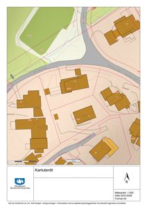 Kartutsnitt som viser tomtens beliggenhet i forhold til nabolag, veier og høydeforhold.