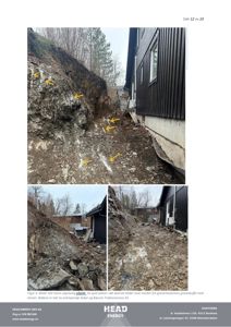 Fotografier av utgravning og graveskuffe ved en bygning, med gule piler som peker på merker fra gravemaskinens skuff.