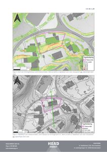 Bildet viser to kart som illustrerer terrengforhold (høydekurver og fargekart over hellingsgrader) rundt et tiltaksområde, inkludert bygningsplasseringer og veier.