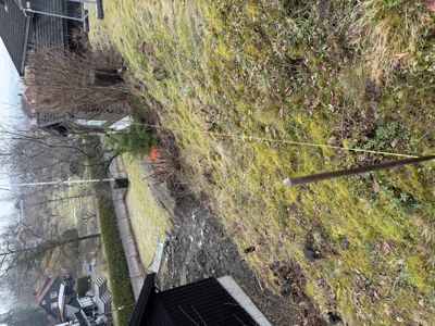 Fotografi av en grønn, mosete tomt med en liten bekk eller renne som renner nedover. Bildet viser også deler av nabohus og en gult målebånd som strekker seg over terrenget.