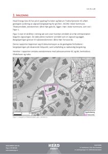 Et kart som viser lokalisering av et tiltaksområde (bergsanking) i Hønefoss, med omgivende eiendommer og topografi.