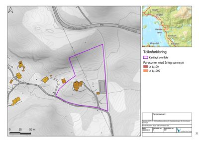 Faresonekart som viser et kartlagt område med topografi, veier og nabolag.