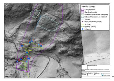 Registreringskart over et område med topografi, veier og markerte områder for steinsprang og snøskred.