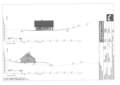 Snittegning som viser bygningens tverrsnitt, høyder og grunnforhold.