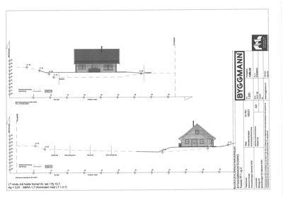 Fasadetegning som viser bygningens utseende fra to ulike vinkler (for- og bakside) med angitte høyder, takhøyde og grunnplan.