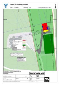 Situasjonsplan som viser bygningens plassering i forhold til nabolag, veggrenser og topografi.