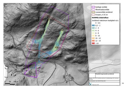 Et kart som viser et modellert resultat for jordskred (RAMMS-simulering) i et terrengområde, inkludert hastighetskartlegging og definerte områder.