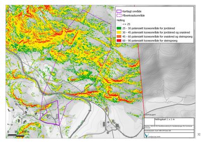 Et helningskart (topografisk kart) som viser terrengform og potensielle skredområder i et gitt område.
