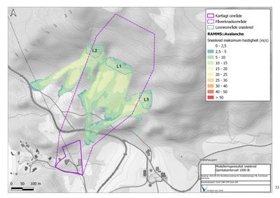 Et kart som viser en snøskredmodellering (RAMMS) over et terrengområde med overlappende arealer for kartlagt, påvirknings- og losneområder.