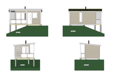 Fasadetegning som viser bygningens utsyn fra fire sider (vest, øst, sør, nord).