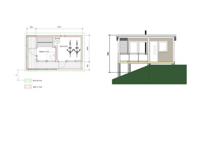 Bildet viser en plantegning (etasjeplan) med romfordeling, mål og arealoppdelinger (BYA/BRA), samt en fasadevisning av bygningen.