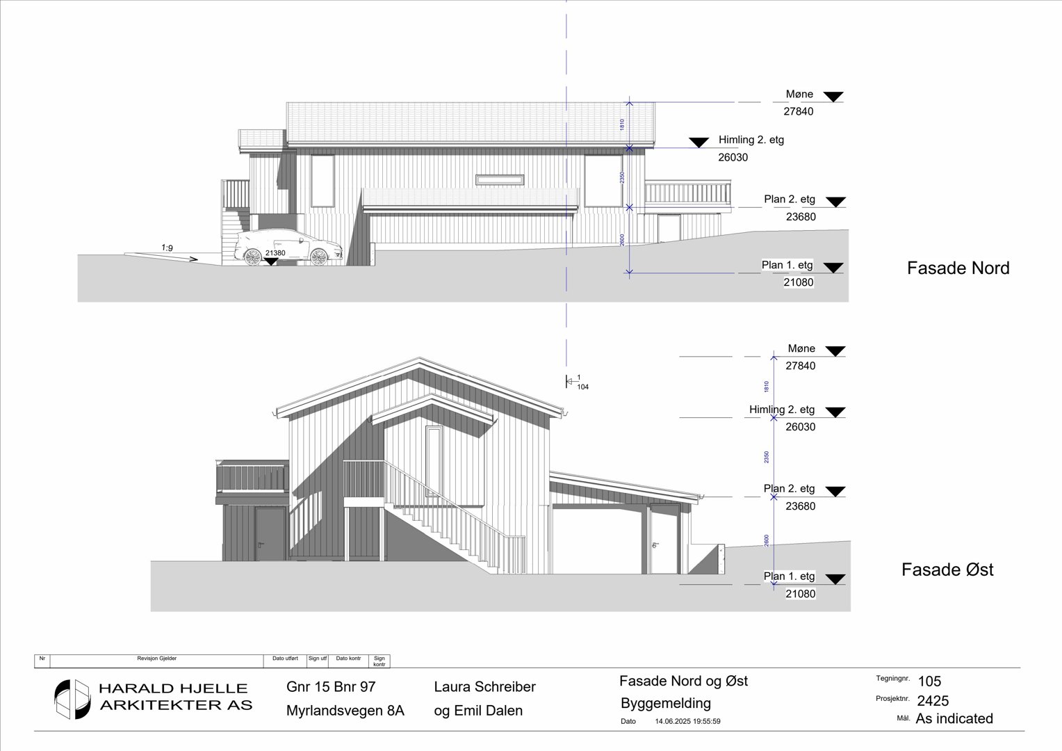 Byggemelding som viser fasadetegninger for Nord- og Østfasade med høydemål.