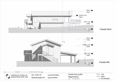 Byggemelding som viser fasadetegninger for Nord- og Østfasade med høydemål.