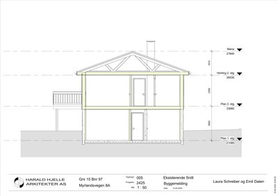 Eksisterende snitt gjennom en toetasjes bygning med oppgitt høyder og nivåer.