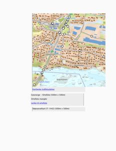 Ortofotokart over et område med bygningsplasseringer, veier og vann. Kartet inneholder også en lenke til støyvarselskart.