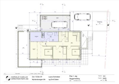 Etasjeplan (1. etg) som viser romfordeling, dimensjoner og plassering av kjøkken, bad og soverom.