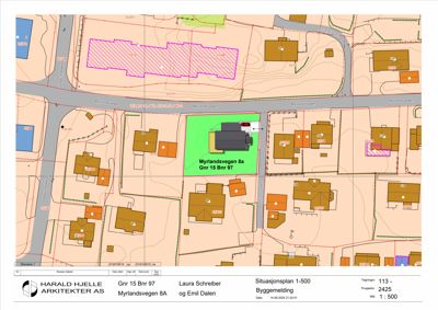 Situasjonsplan som viser eiendomsgranser, nabobebyggelse, veier og topografi for Myrlandsvegen 8a.