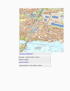 Et ortofoto (flyfoto) av et område med bygningsplasseringer, veier og vann, med overlagte punkter og tekstfelt.