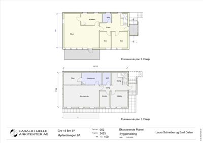 Plantegning som viser romfordeling for eksisterende plan 1. etasje og 2. etasje.