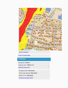 Kart over et område med støykart (rød/gul farge), gatenummering og trafikkdata (fartsgrense, årsdøgnsrafikk).