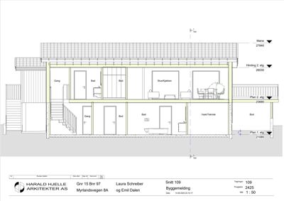Snittegning (Snitt 109) som viser bygningens tverrsnitt, romfordeling, høyder og konstruksjonsdetaljer.