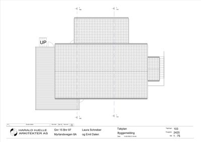 Etasjeplan (takplan) som viser romfordeling, takkonstruksjon og takhøyder.