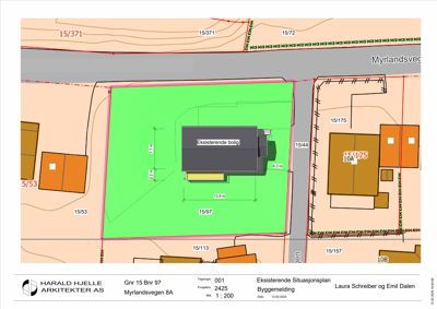Situasjonsplan som viser eiendommen Gnr 15 Bnr 97 med eksisterende bygning og nabolag.
