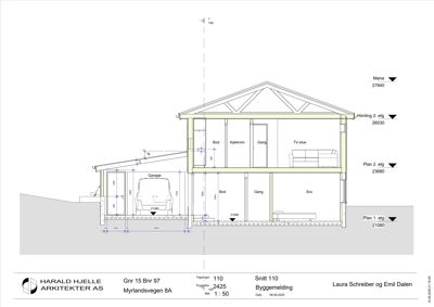Snittegning (Snitt 110) som viser bygningens tverrsnitt, romfordeling, høyder og konstruksjon.