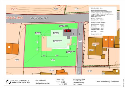 Situasjonsplan som viser tomtens plassering, grenser, eksisterende og planlagt bebyggelse, samt beregnet BYA (Bruksareal) i forhold til kommunale bestemmelser.