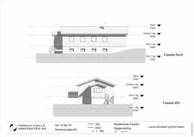 Fasadetegning (opprikk) av en eksisterende bygning sett fra nord og øst, med høydemål for tak, himling og plan.