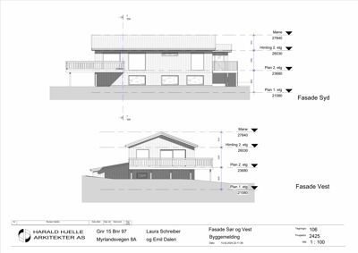 Fasadetegning som viser bygningens utseende sett fra syd og vest, inkludert høydeoppriss og dimensjoner.