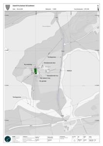 Situasjonsplan som viser tomtens beliggenhet, eksisterende og planlagt bebyggelse (hus, garasje), vegnett og topografi.