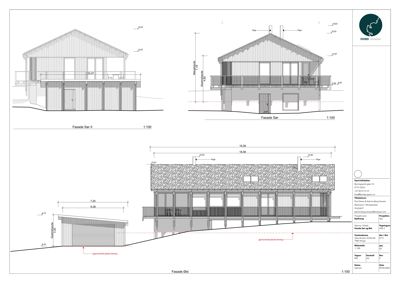 Fasadetegning som viser bygningens utseende fra tre ulike vinkler (Sør, Sør-Øst og Øst) med mål og detaljer.