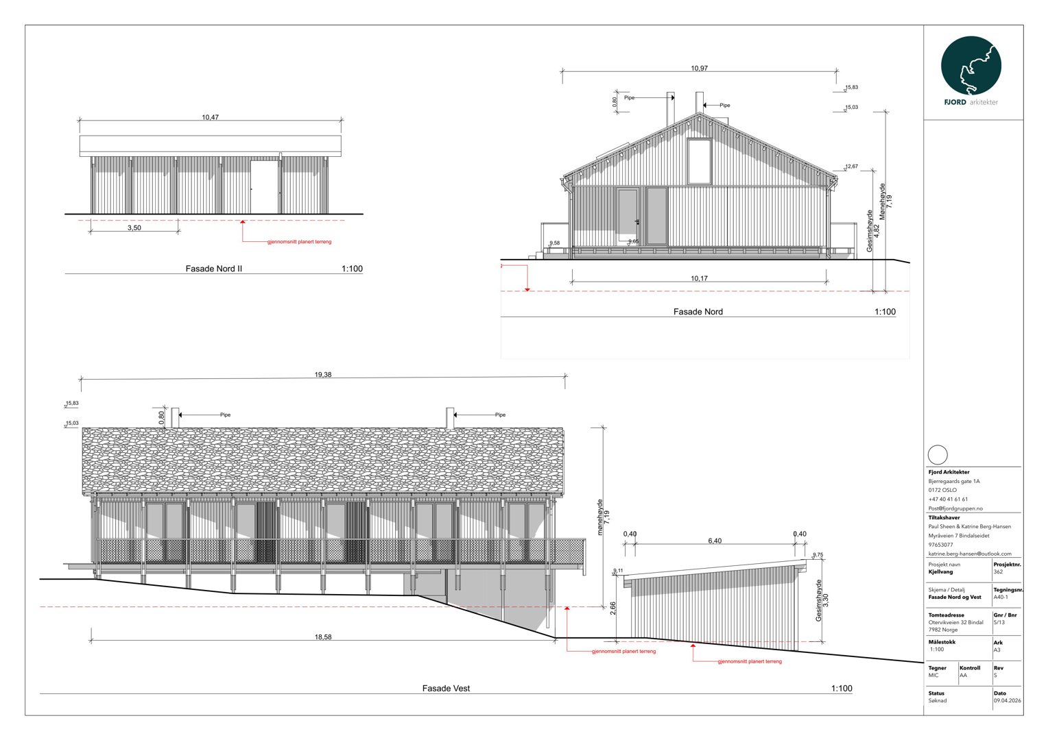 Fasadetegning som viser bygningens utseende fra nord og vest, inkludert mål og detaljer.