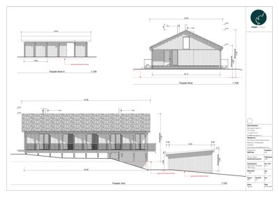 Fasadetegning som viser bygningens utseende fra nord og vest, inkludert mål og detaljer.