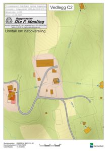 Kart over et område med topografi, vei og flere bygninger, inkludert nabohus og deres avstander.