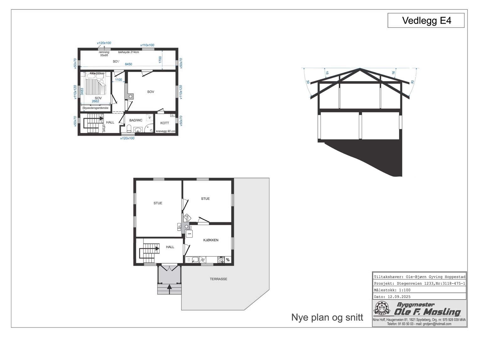 Bildet viser et ark med flere tegninger, inkludert etasjeplaner (romfordeling) og et snitt av en bygning.