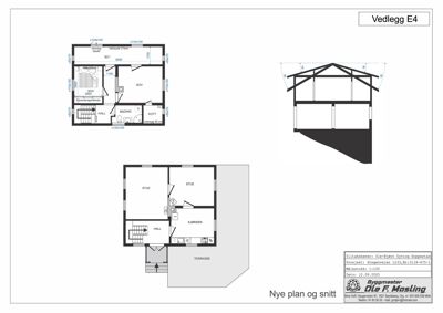 Bildet viser et ark med flere tegninger, inkludert etasjeplaner (romfordeling) og et snitt av en bygning.