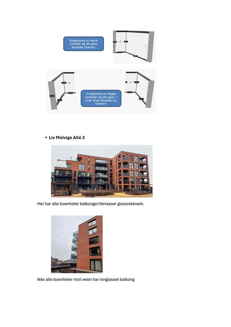 Fotografier av en ferdig eller nesten ferdig bygning (Liv Motvigs Allé 3) med tekster som beskriver detaljer om balkonger og glassrekkverk.