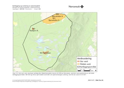 Kart som viser kartleggingsområde for naturangfold i Årdal kommune, med inndeling etter naturtyper og verdier.